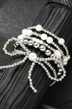 Online Dear-Lover Bow Knot Pearl Beaded Multi Layered Bracelet Set Silvery