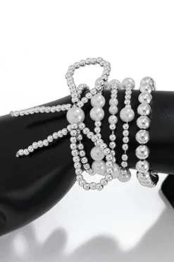 Online Dear-Lover Bow Knot Pearl Beaded Multi Layered Bracelet Set Silvery