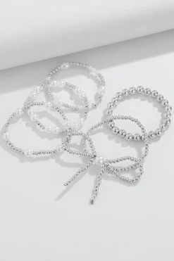 Online Dear-Lover Bow Knot Pearl Beaded Multi Layered Bracelet Set Silvery