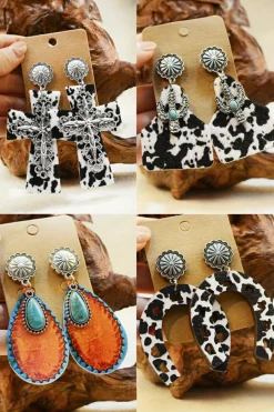New Dear-Lover Cow Spots Faith Cross Western Fashion Dangle Earrings Silvery