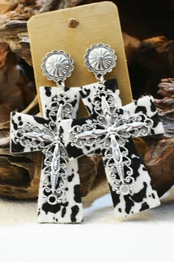 New Dear-Lover Cow Spots Faith Cross Western Fashion Dangle Earrings Silvery