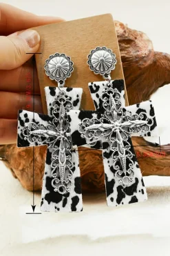 New Dear-Lover Cow Spots Faith Cross Western Fashion Dangle Earrings Silvery