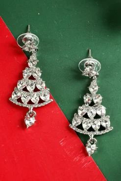 Hot Dear-Lover Diamond Christmas Tree Studded Dangle Earrings Silvery