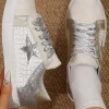 Best Dear-Lover Glitter Star Patchwork PU Leather Lace-up Sneakers Silvery