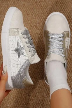 Best Dear-Lover Glitter Star Patchwork PU Leather Lace-up Sneakers Silvery