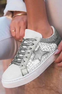 Best Dear-Lover Glitter Star Patchwork PU Leather Lace-up Sneakers Silvery