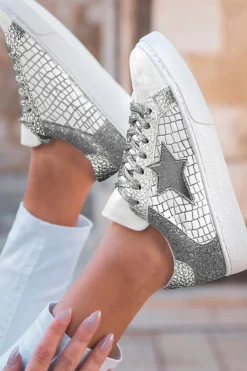 Best Dear-Lover Glitter Star Patchwork PU Leather Lace-up Sneakers Silvery