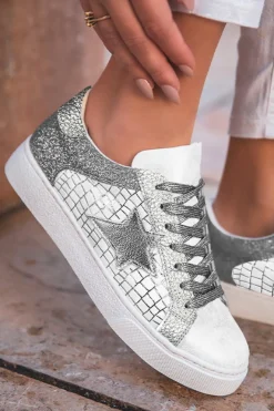 Best Dear-Lover Glitter Star Patchwork PU Leather Lace-up Sneakers Silvery