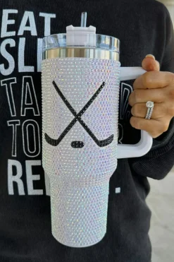 Online Dear-Lover Hockey Game Day Rhinestone 40 Oz Tumbler with Handle Silvery