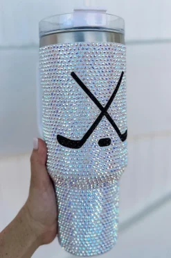 Online Dear-Lover Hockey Game Day Rhinestone 40 Oz Tumbler with Handle Silvery