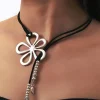 Clearance Dear-Lover Hollow Out Floral Leather Rope Y-shaped Necklace Silvery
