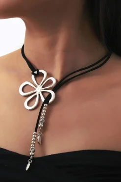 Clearance Dear-Lover Hollow Out Floral Leather Rope Y-shaped Necklace Silvery