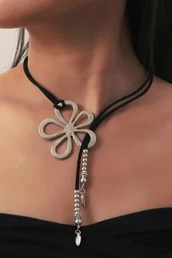 Clearance Dear-Lover Hollow Out Floral Leather Rope Y-shaped Necklace Silvery