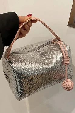 Sale Dear-Lover Lattice Texture Corded Ball Decor Weaven Handle Cosmetic Bag Silvery