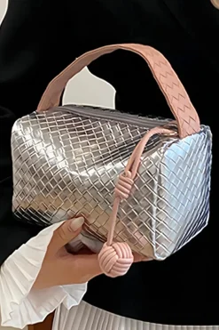 Sale Dear-Lover Lattice Texture Corded Ball Decor Weaven Handle Cosmetic Bag Silvery