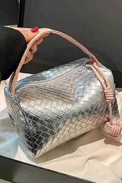 Sale Dear-Lover Lattice Texture Corded Ball Decor Weaven Handle Cosmetic Bag Silvery