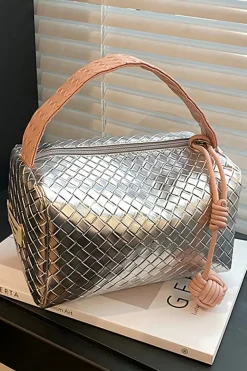 Sale Dear-Lover Lattice Texture Corded Ball Decor Weaven Handle Cosmetic Bag Silvery