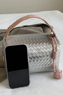 Sale Dear-Lover Lattice Texture Corded Ball Decor Weaven Handle Cosmetic Bag Silvery