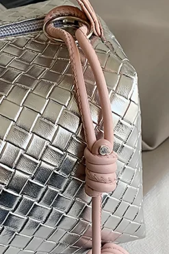 Sale Dear-Lover Lattice Texture Corded Ball Decor Weaven Handle Cosmetic Bag Silvery