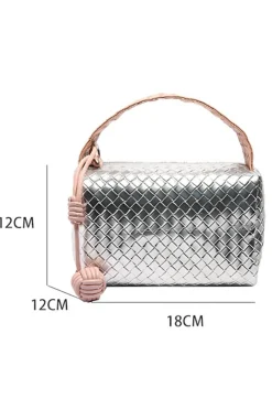 Sale Dear-Lover Lattice Texture Corded Ball Decor Weaven Handle Cosmetic Bag Silvery