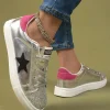 Online Dear-Lover Metallic Luster Star Pattern Slip On Flat Shoes Silvery