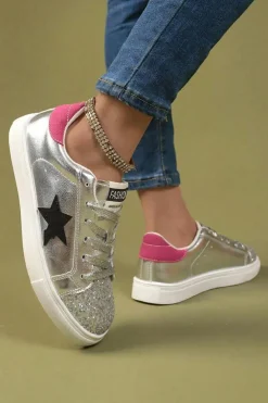 Online Dear-Lover Metallic Luster Star Pattern Slip On Flat Shoes Silvery
