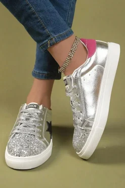 Online Dear-Lover Metallic Luster Star Pattern Slip On Flat Shoes Silvery