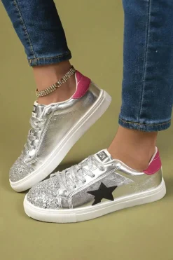 Online Dear-Lover Metallic Luster Star Pattern Slip On Flat Shoes Silvery
