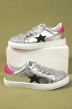 Online Dear-Lover Metallic Luster Star Pattern Slip On Flat Shoes Silvery