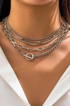 Sale Dear-Lover 5pcs Layered Rhinestone Plated Chain Collarbone Necklaces Set Silvery