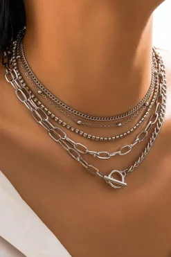 Sale Dear-Lover 5pcs Layered Rhinestone Plated Chain Collarbone Necklaces Set Silvery