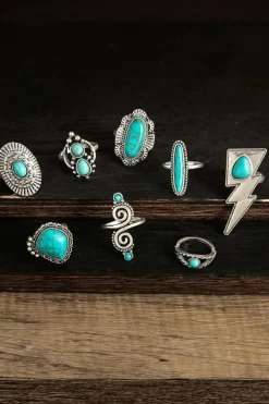 Outlet Dear-Lover 8pcs Turquoise Inlay Western Ring Set Silvery