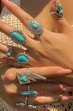 Outlet Dear-Lover 8pcs Turquoise Inlay Western Ring Set Silvery