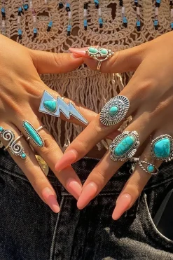 Outlet Dear-Lover 8pcs Turquoise Inlay Western Ring Set Silvery