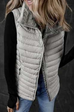 Fashion Dear-Lover Plush Collared Quilted Zipped Puffer Vest Silvery
