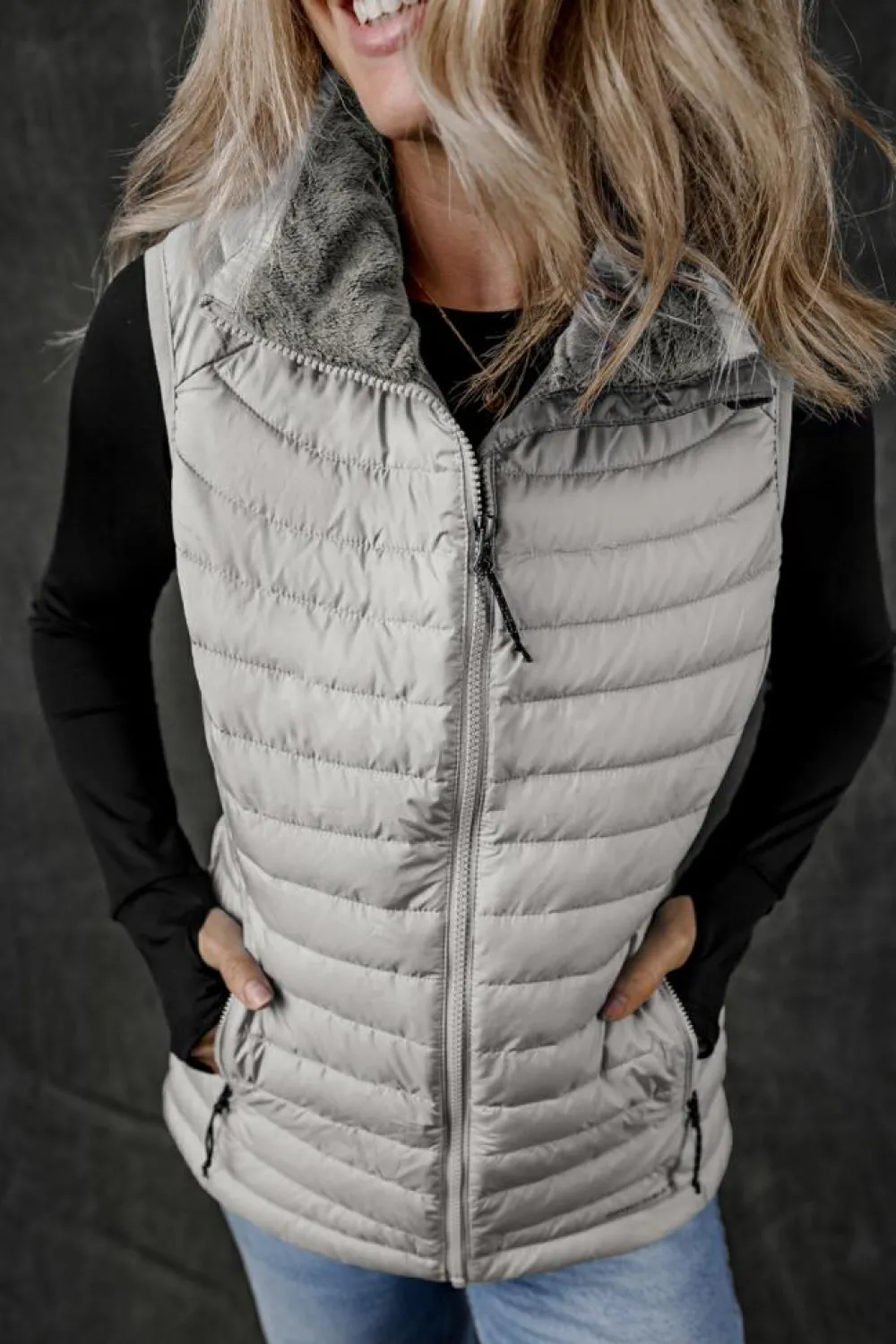 Fashion Dear-Lover Plush Collared Quilted Zipped Puffer Vest Silvery