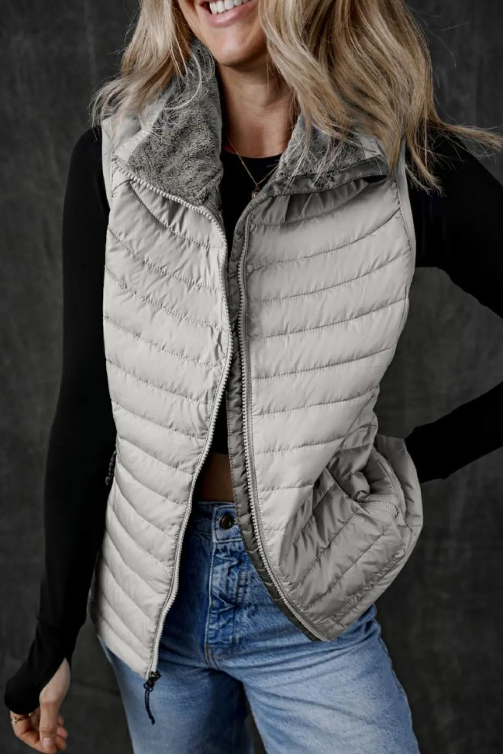 Fashion Dear-Lover Plush Collared Quilted Zipped Puffer Vest Silvery