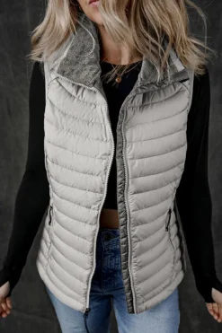 Fashion Dear-Lover Plush Collared Quilted Zipped Puffer Vest Silvery