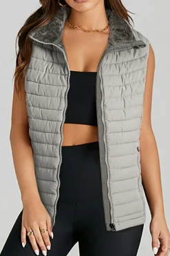 Fashion Dear-Lover Plush Collared Quilted Zipped Puffer Vest Silvery