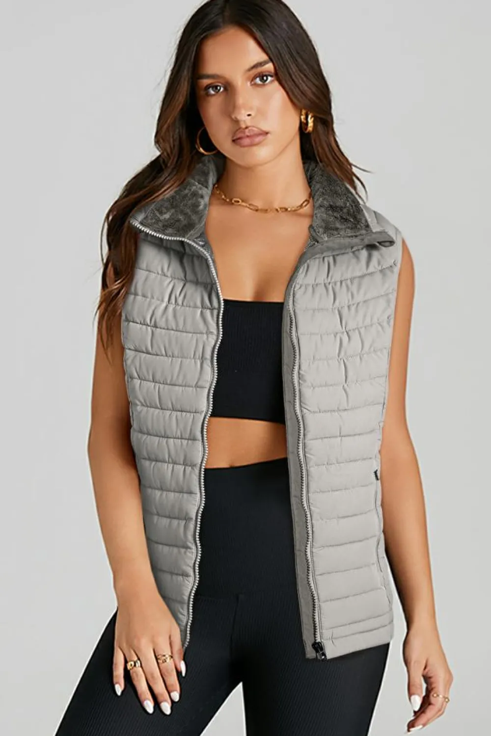 Fashion Dear-Lover Plush Collared Quilted Zipped Puffer Vest Silvery