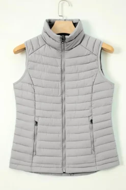 Fashion Dear-Lover Plush Collared Quilted Zipped Puffer Vest Silvery