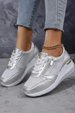 Hot Dear-Lover PU Leather Patchwork Zipper Lace-up Sneakers Silvery