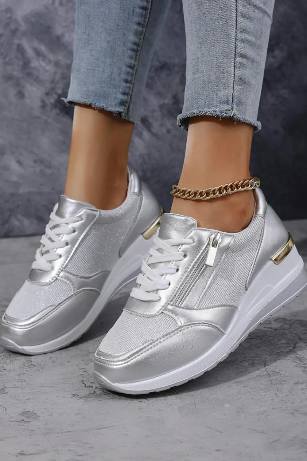 Hot Dear-Lover PU Leather Patchwork Zipper Lace-up Sneakers Silvery