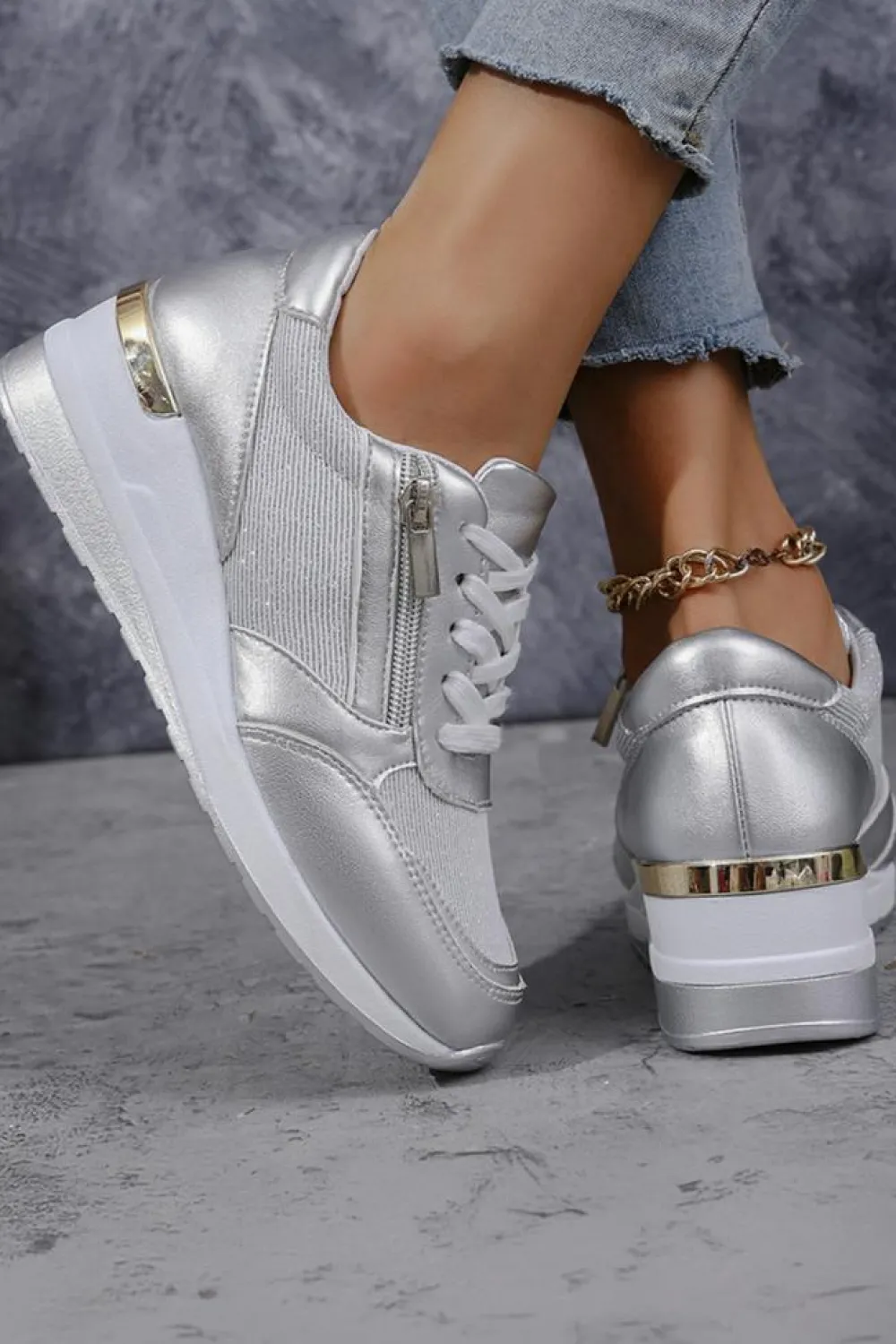 Hot Dear-Lover PU Leather Patchwork Zipper Lace-up Sneakers Silvery