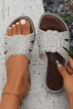 Fashion Dear-Lover Rhinestone Flower Hollow Out Flat Slippers Silvery