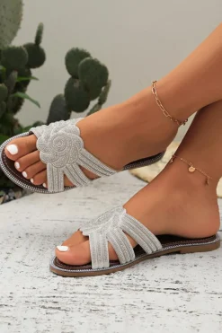 Fashion Dear-Lover Rhinestone Flower Hollow Out Flat Slippers Silvery