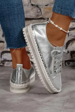 Fashion Dear-Lover Rhinestone Metallic Sheen Lace-up Flat Shoes Silvery