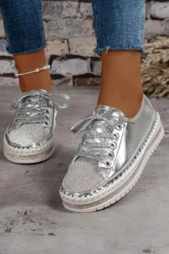 Fashion Dear-Lover Rhinestone Metallic Sheen Lace-up Flat Shoes Silvery