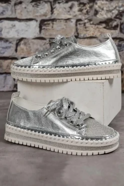 Fashion Dear-Lover Rhinestone Metallic Sheen Lace-up Flat Shoes Silvery