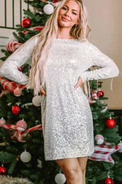 Sale Dear-Lover Sequin Long Sleeve Tie Waist Mini Dress Silvery